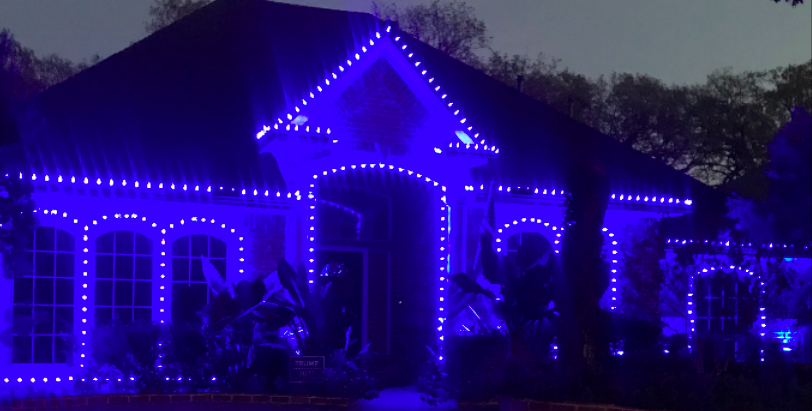 Home decorated with NHL-themed Christmas lights matching team colours