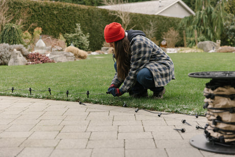 Professional Installer staking C9 bulbs into a lawn