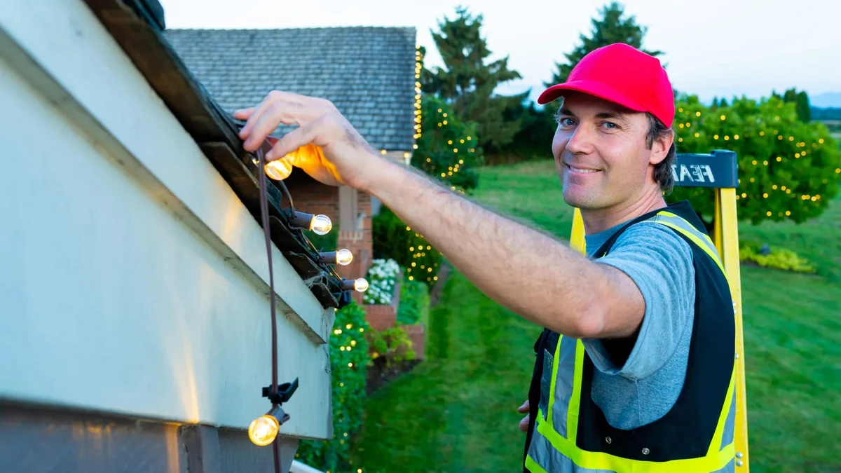 Installer attaching seasonal lights along a roofline