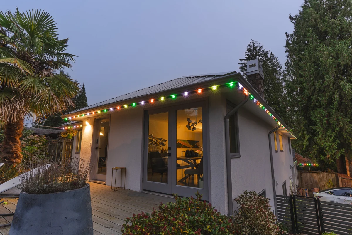 Completed Chromaglow Pro lighting on a home at dusk