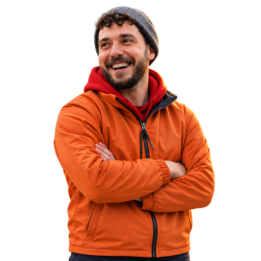 Lighting installer standing in front of a lit home at dusk