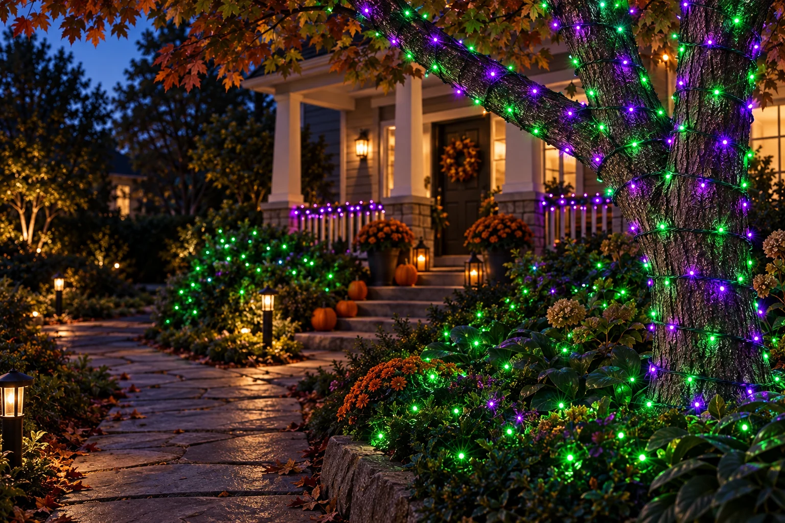 Green and purple mini lights wrapped around a tree and woven through garden shrubs