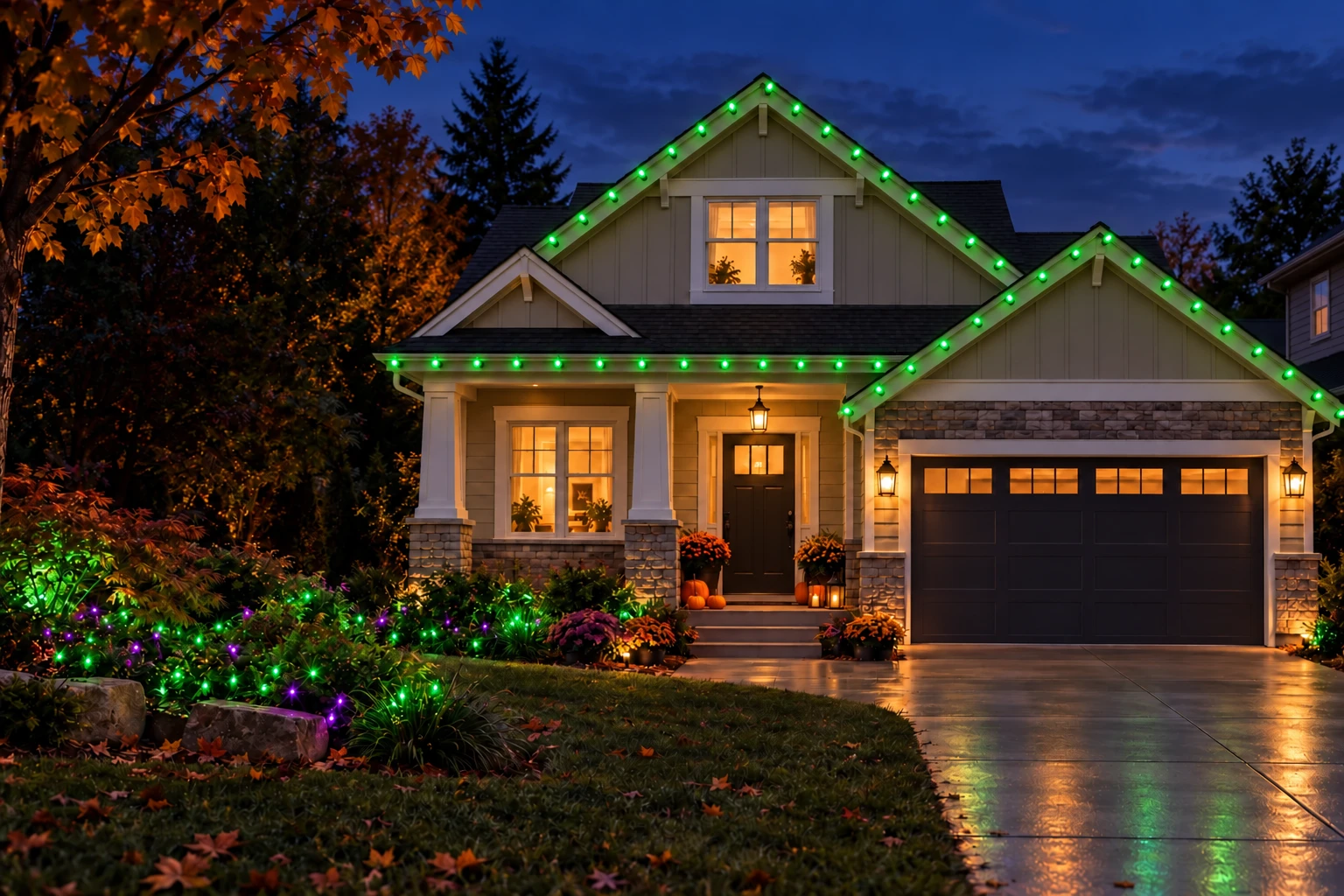 Green C9 bulbs mounted outward from a home's roofline at dusk, with green and purple garden lighting