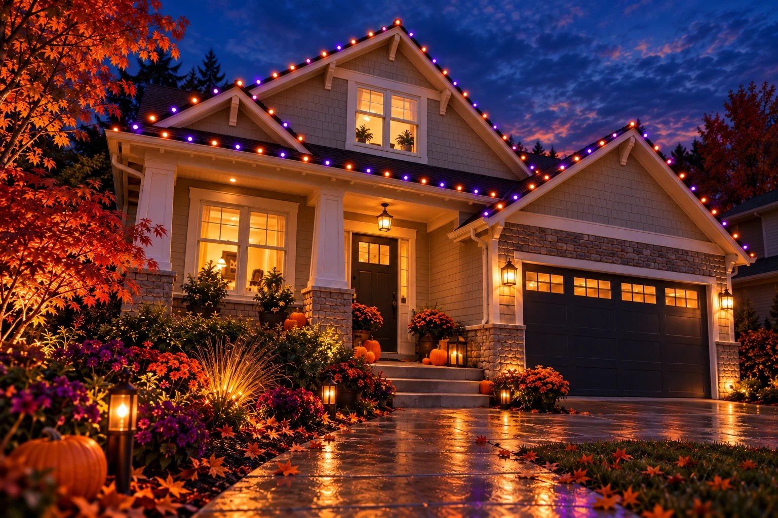 A welcoming home with orange and purple Halloween roofline lighting