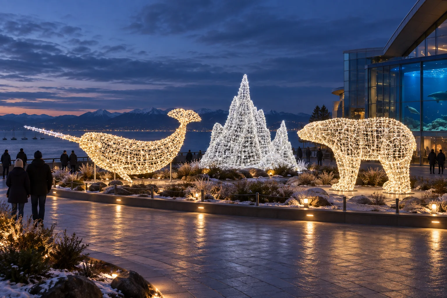Illuminated narwhal, iceberg, and polar bear sculptures arranged on a waterfront plaza