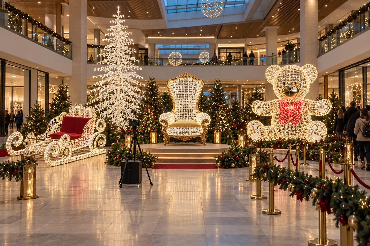 Illuminated Santa chair, sleigh, toy bear, and tree sculptures arranged as a mall photo court