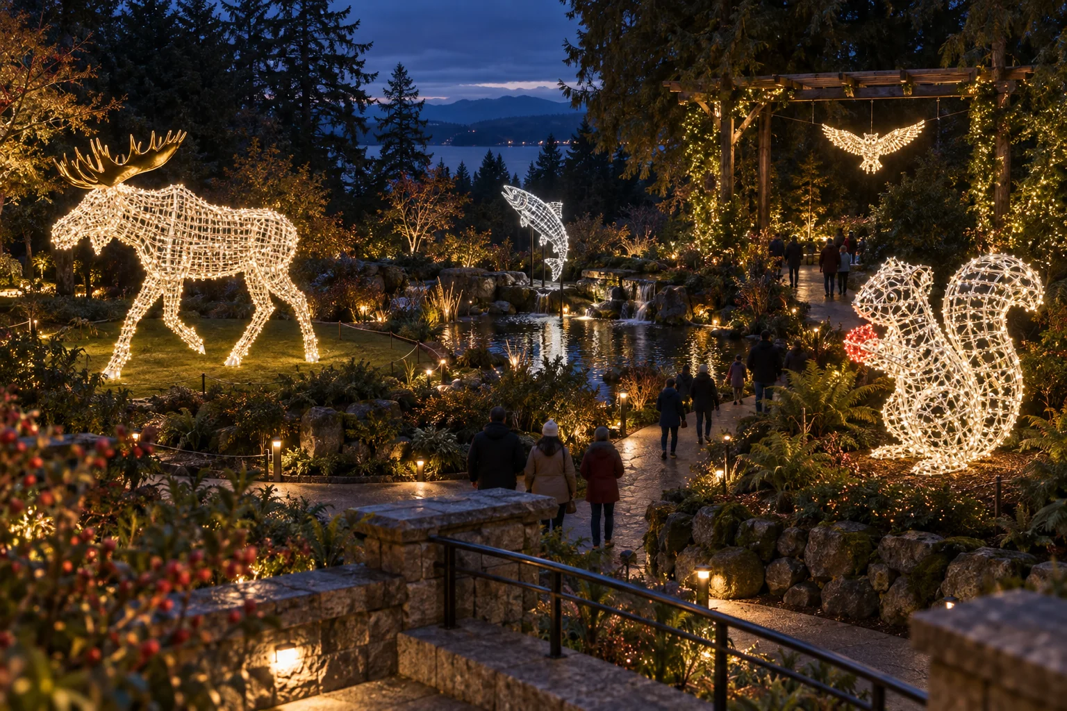 Illuminated moose, squirrel, owl, and fish sculptures arranged along paths beside a pond in a woodland garden