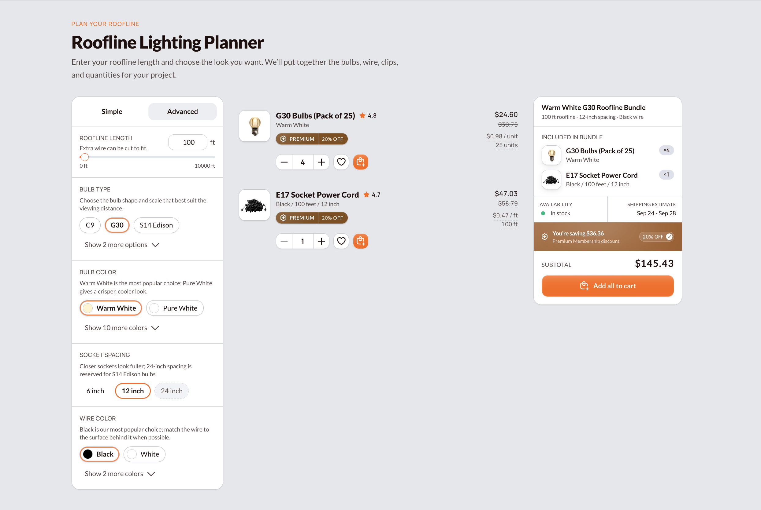 Roofline planner showing bulb and wire choices beside a matched bundle summary